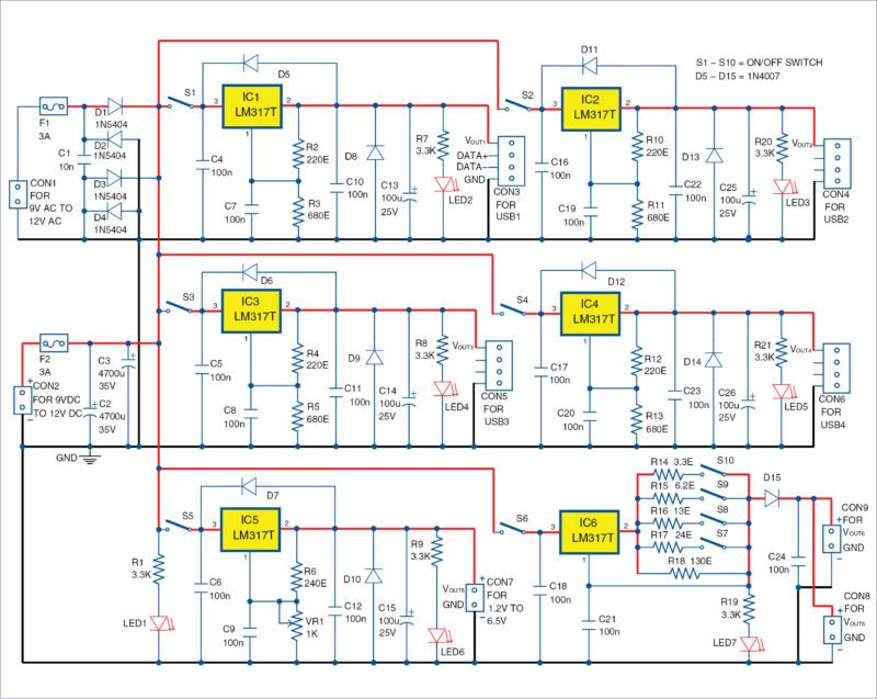 Power Supply Hub With Battery Charger, Quad-USB & Variable Outputs