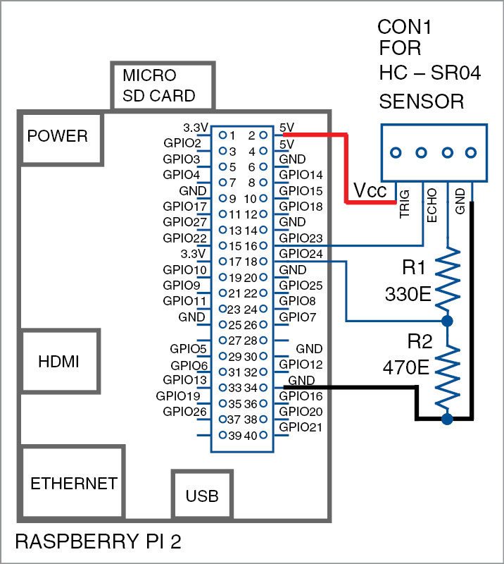 Connection of HC-SR04 module with Raspi for Ultrasonic distance meter