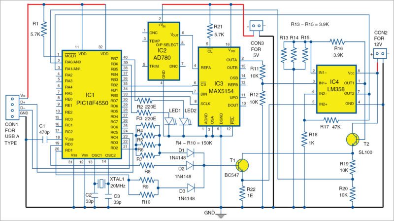 Fig. 2: Circuit diagram of the USB interface and transistor curve tracer