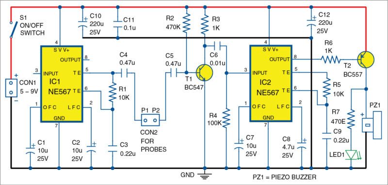 Circuit diagram of the electrolysis-free water-level alarm