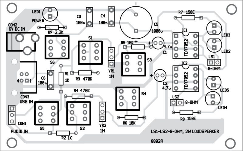 Component layout for stereo amplifier for portable devices PCB