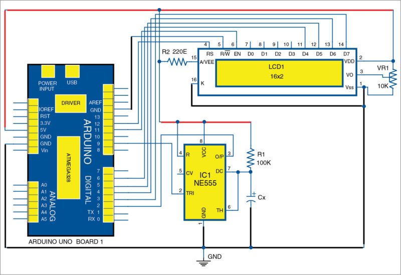 Circuit diagram of Arduino based digital capacitance meter with NE555 timer in monostable mode