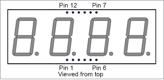 Pin details of 4-digit, 7-segment display