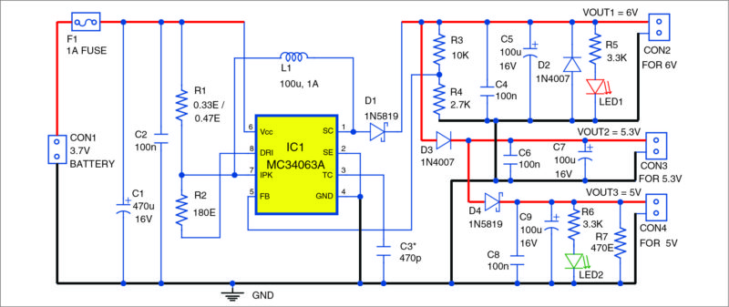  Circuit diagram of low-cost 3.7V to 5V-6V DC to DC converter