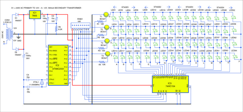 Circuit diagram of 4x4x4 LED cube using AT89C2051