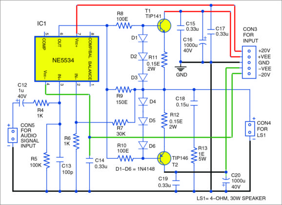 30W Audio Amplifier Using NE5534 & Darlington Transistors