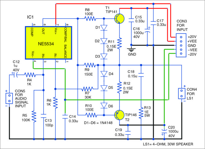 30W Audio Amplifier Using NE5534 & Darlington Transistors