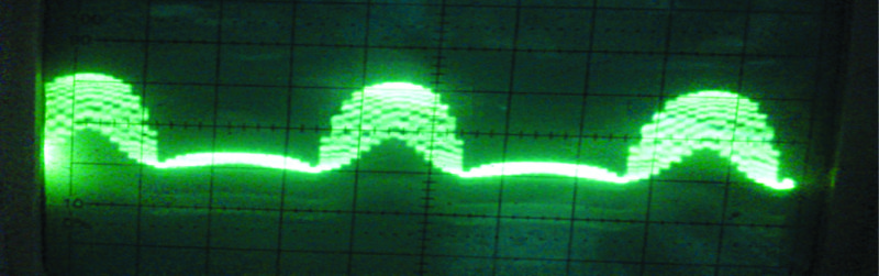 The same waveform after frequency is increased to 65Hz. The above waves are taken on two PWM pins. The wave in the negative half cycle positions corresponds to the other PWM output pin