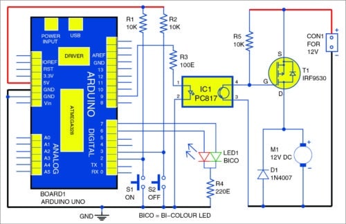Circuit diagram of DC motor starter using Arduino Uno