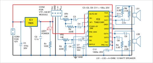 Circuit diagram of 2-channel wireless Bluetooth audio amplifier