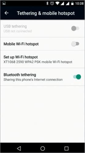 Turning on Bluetooth tethering in Phone 1