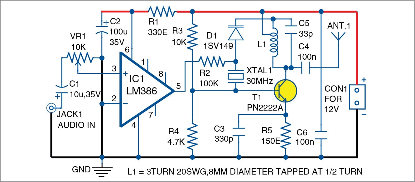 3 transistor fm transmitter with coil on circuit board