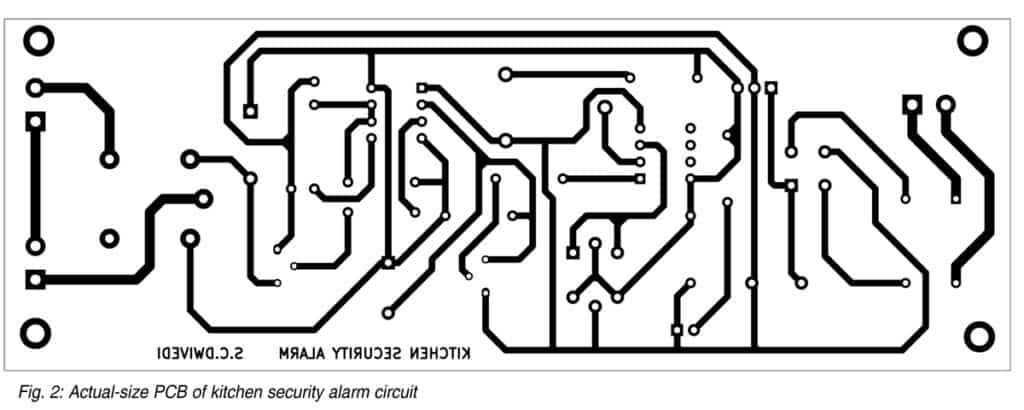 Actual-size PCB of kitchen security alarm circuit 