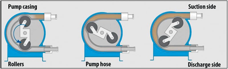 Typical movement of liquid through a peristaltic pump 