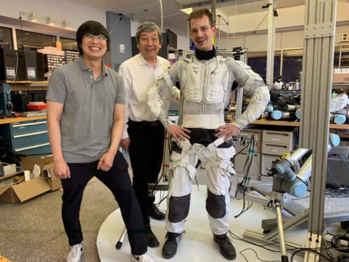 SuperLimbs, a system of wearable robotic limbs built by MIT engineers, is designed to physically support an astronaut and lift them back on their feet after a fall, helping them conserve energy for other essential tasks. Pictured, from left, is Sang-Yoep Lee, Harry Asada, and Erik Ballesteros.
Credits:Photo: Jennifer Chu