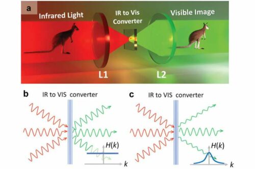 Infrared (IR) to visible (VIS) up-conversion for vision applications. a) Schematic of the nonlinear up-converter for infrared imaging, where infrared light illuminating an object and passing through a lens (L1) is coherently up-converted to visible light and captured by another lens (L2) to be finally observed on a conventional silicon-based camera. b) The ideal up-converter shall convert all rays, incident at different angles, with the same efficiency, i.e., H(k) = constant. Credit: Advanced Materials (2024). DOI: 10.1002/adma.202402777