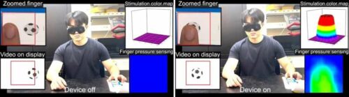 Integration of TPIEA to smartphone display. Fabricated TPIEA was integrated into a transparent display to deliver tactile information corresponding to the video. When the TPIEA operates, pressure sensing occurs simultaneously, and tactile information matching the video is conveyed, allowing users to perceive the rolling of a ball through virtual electrotactile sensations implemented at their fingertips, even when they are blindfolded. Credit: Institute for Basic Science