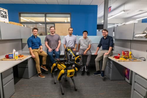 Caption:From left to right: team members Lukas Schmid, Nathan Hughes, Dominic Maggio, Yun Chang, and Luca Carlone.
Credits:Credit: Andy Ryan