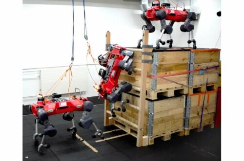 Composite image of a quadrupedal robot equipped with hooked end-effectors, ascending a ladder in 4 s with a reinforcement learning-based control policy. Ladder shown has parameters 90°incline, 1.8 m length, 0.3 m inter-rung spacing, 2.5 cm rung radius, and 1 m width. Credit: arXiv (2024). DOI: 10.48550/arxiv.2409.17731