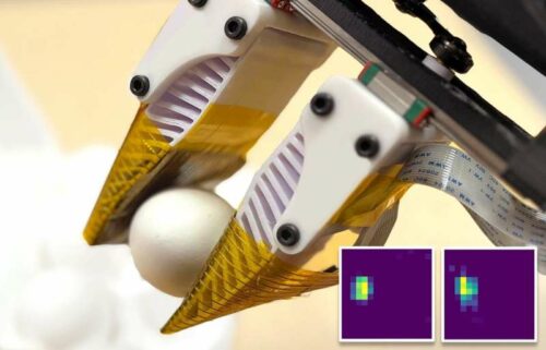 Soft robot fingers equipped with tactile sensors grasping an egg. The bottom-right images show the tactile sensing results. Credit: Binghao Huang.