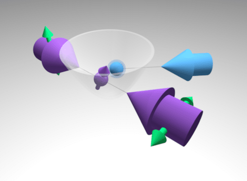 A crystal with 171Yb+ -172Yb+ ions is trapped in an ultra-high vacuum system. The researchers use different lasers to perform the simulation: one pair of lasers (indicated by the purple arrows) is used to simulate the coherent part of the evolution, while another laser (the blue arrow) is used to simulate and control the environment. (Image courtesy of Guido Pagano/Rice University.)