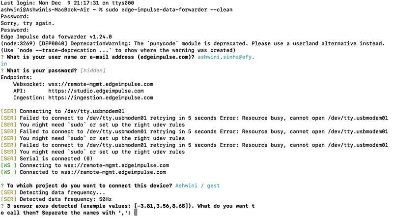 Edge Impulse connecting with IndusBoard using the data forwarder in the terminal