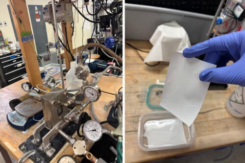 The researchers demonstrated the membrane’s performance in lab-scale experiments, pictured, using a novel membrane to filter various solutions that were similar in content to the waste streams produced by aluminum plants.
Credits:Photo: Trent Lee