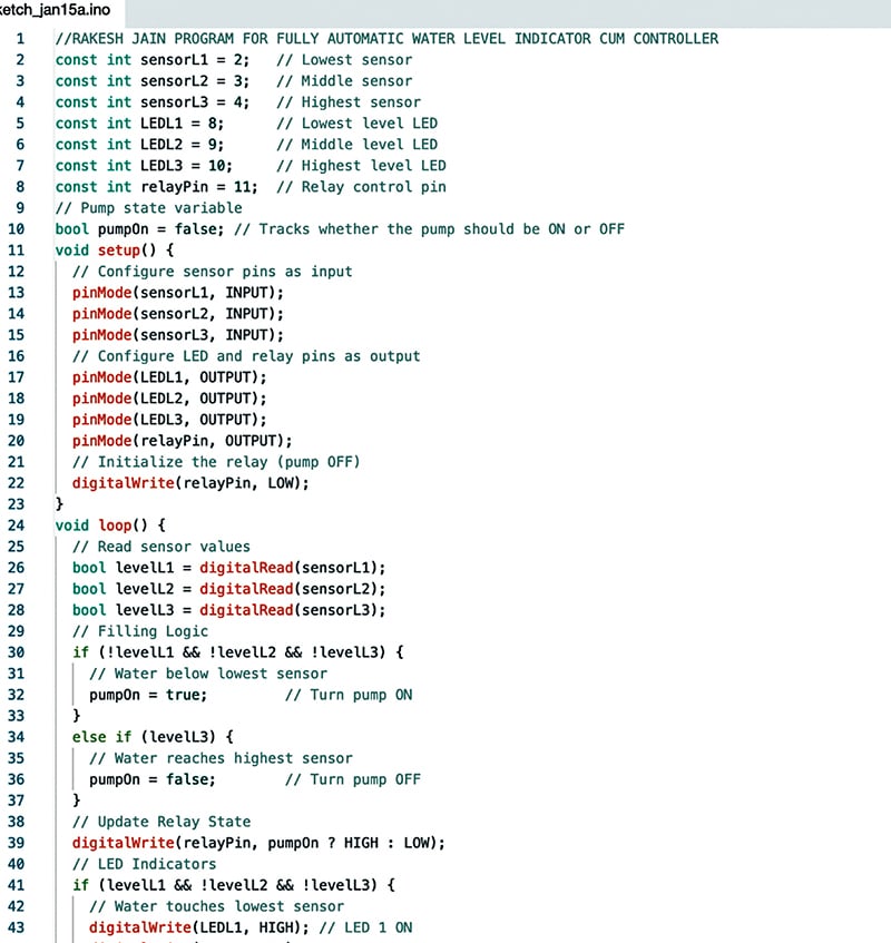 Code for Water Level Indicator and Controller Project