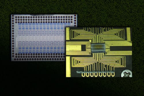 Caption:By affixing a thin, patterned sheet of material to the back of the chip, highlighted in the center and shown in the left-side micrograph, the researchers produced a more efficient, yet scalable, chip-based terahertz wave generator.
Credits:Image: Courtesy of the researchers; MIT News